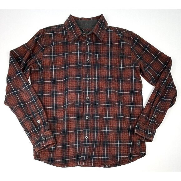 PRANA Mens SMALL Rust/Navy Plaid L/S Button-Up Organic Cotton FLANNEL SHIRT EUC - Picture 1 of 7